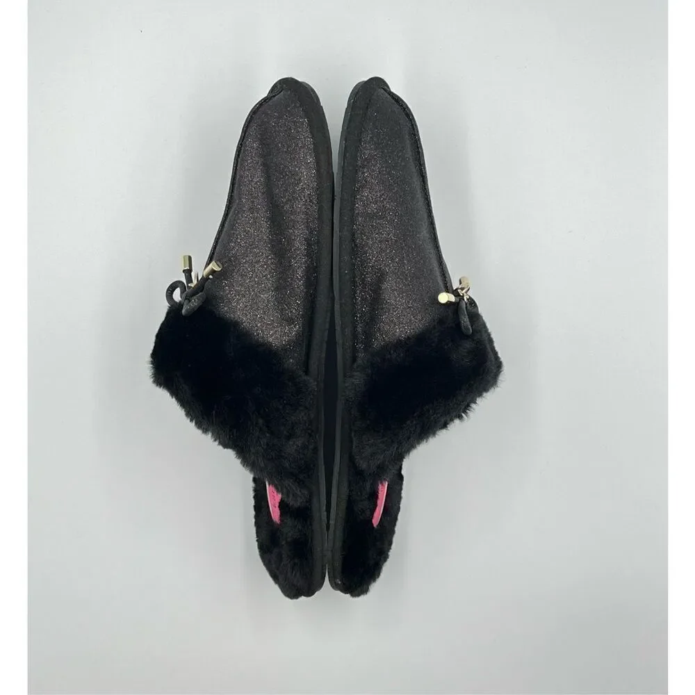 NWOB Kate Spade Lacy Slippers Mule Size 10B Black Glitter Faux Fire Gold Charm